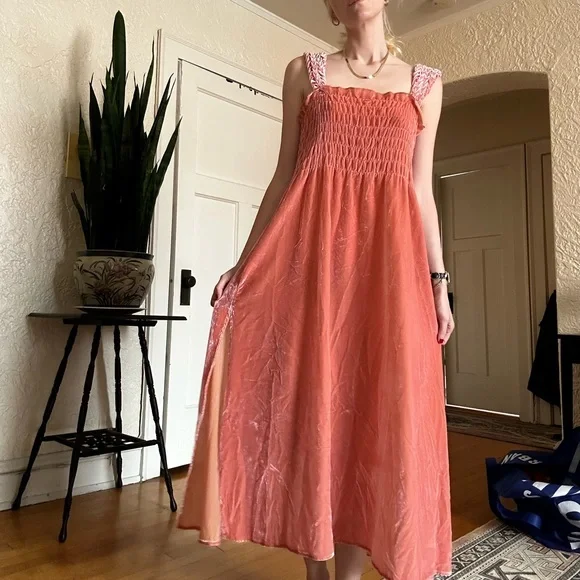 Free People Orange Smocked Buttoned Maxi Sundress - Picture 3 of 4